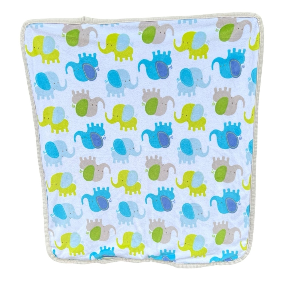 Blankets & Beyond Elephants Plush Double-Sided Baby Blanket Green Blue 27x31 HTF